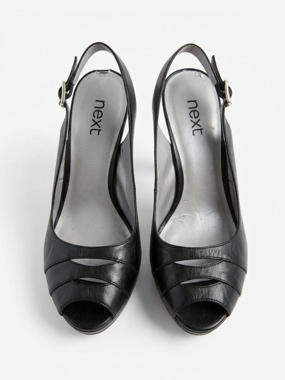 NEXT -  Black Leather Open-Toe Slingback Platform Heels – Size 9M